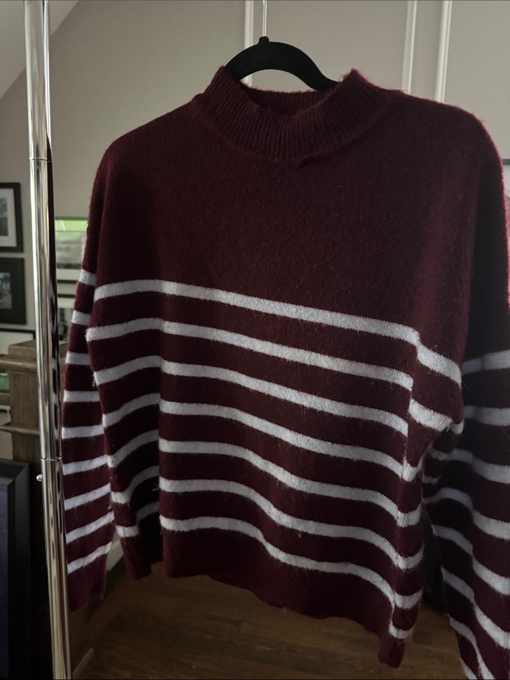 Sundry Burgundy & White Striped Mock Neck Sweater